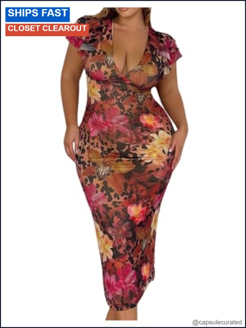 Plus Size Floral Maxi Dress Short Sleeve Bodycon Cocktail Wedding Guest